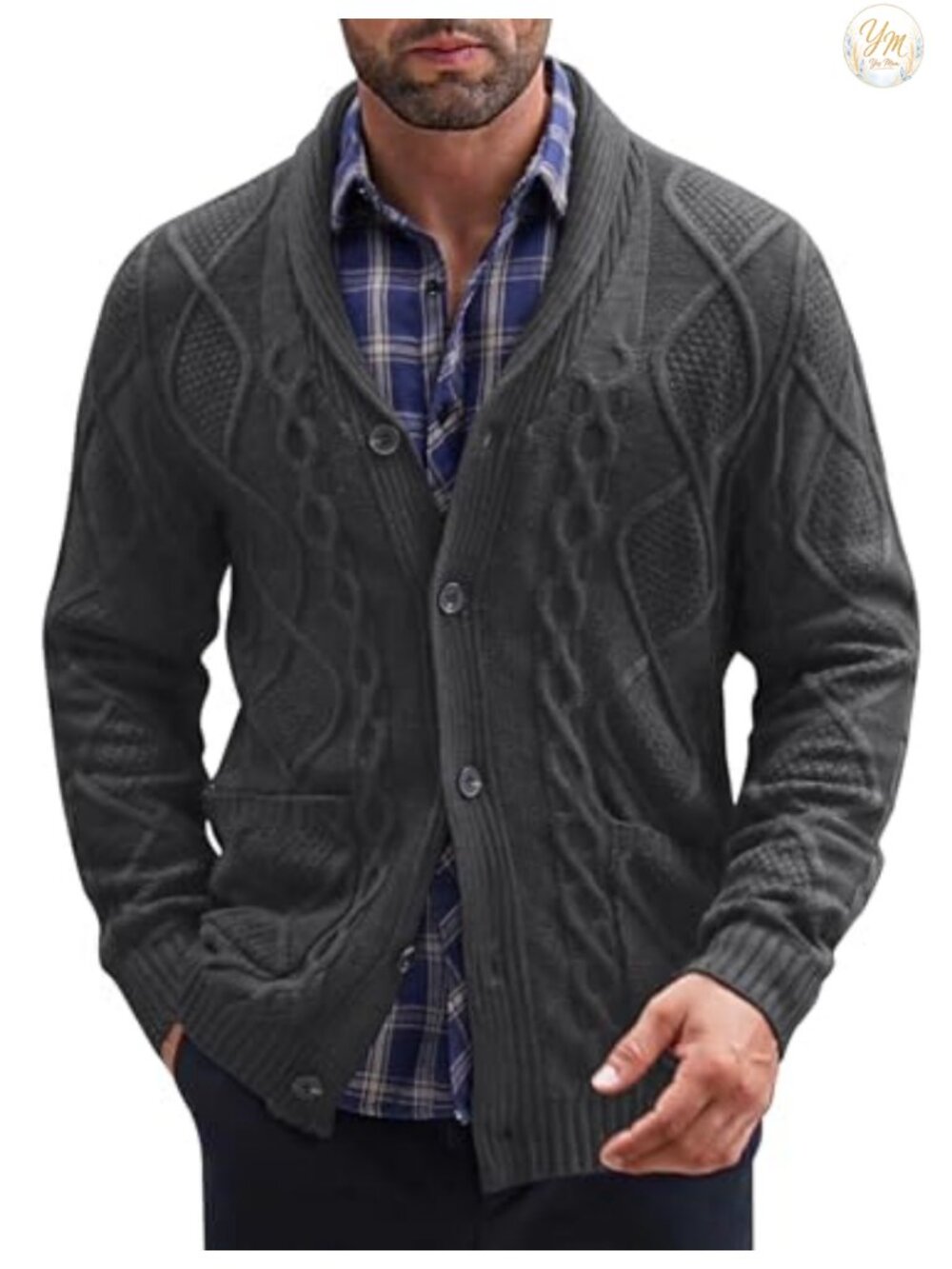 Mens Shawl Collar Cable Knit Button Cardigan Sweater with Pockets